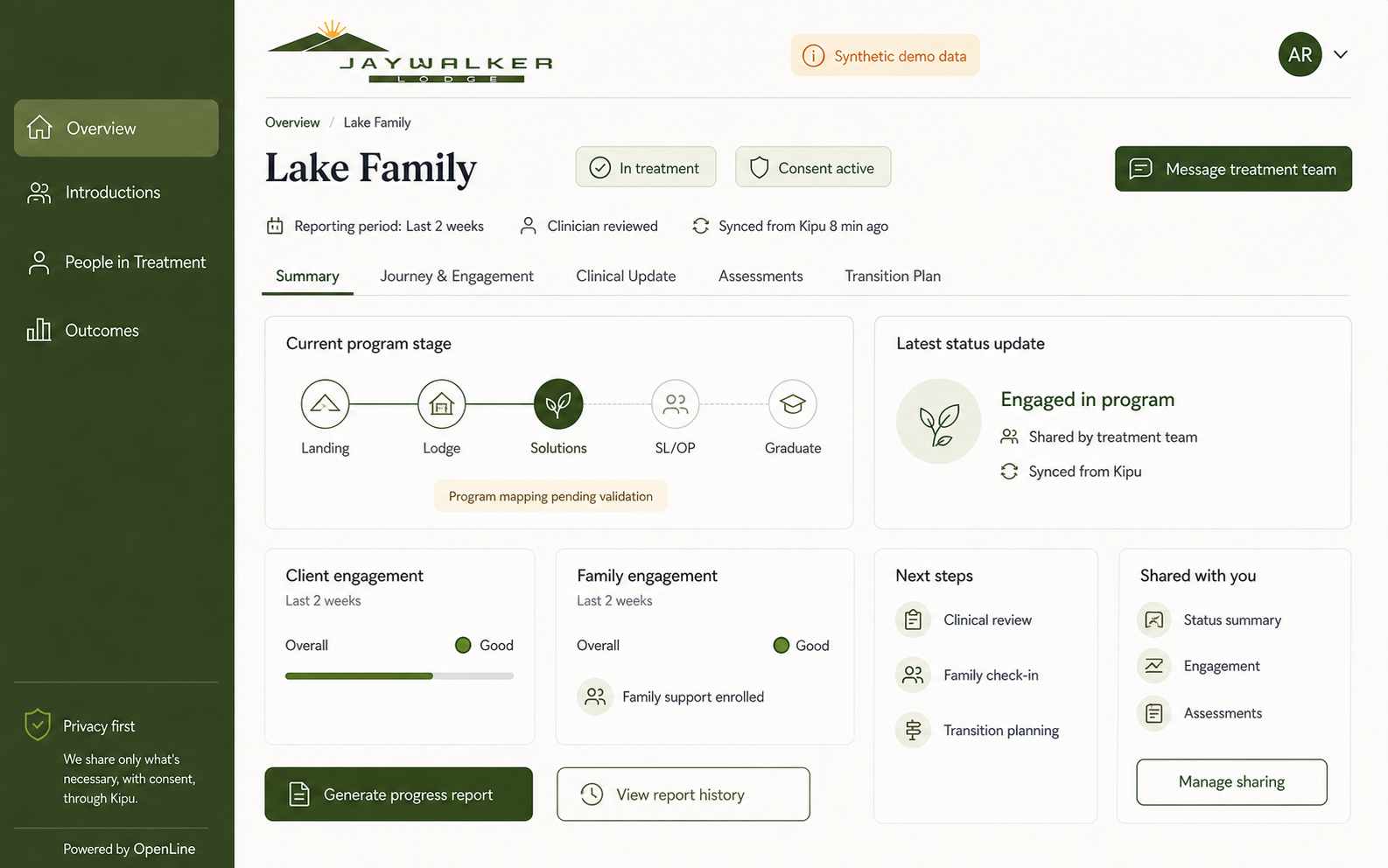 Synthetic exploratory concept showing a Jaywalker referral summary with program stage, engagement, next steps, and consent status